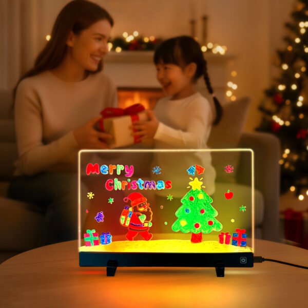 Mother giving child Christmas drawing light